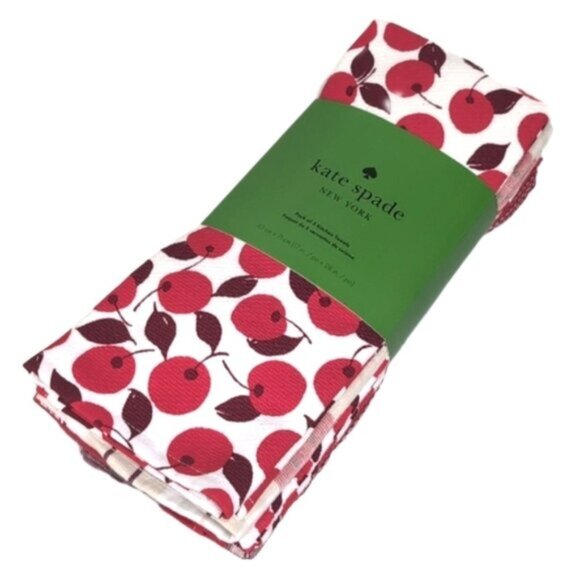 NEW Kate Spade Kitchen Towel Set 5 Pairs Dish Towels Cherry Plaid Chevron Red - Picture 1 of 13